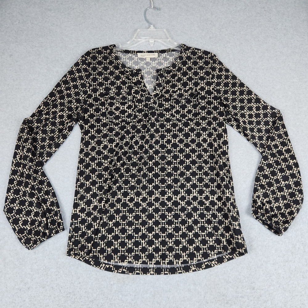 Jones New York Blouse Top Women S Black Sport Geometric Chain Print Split V-Neck